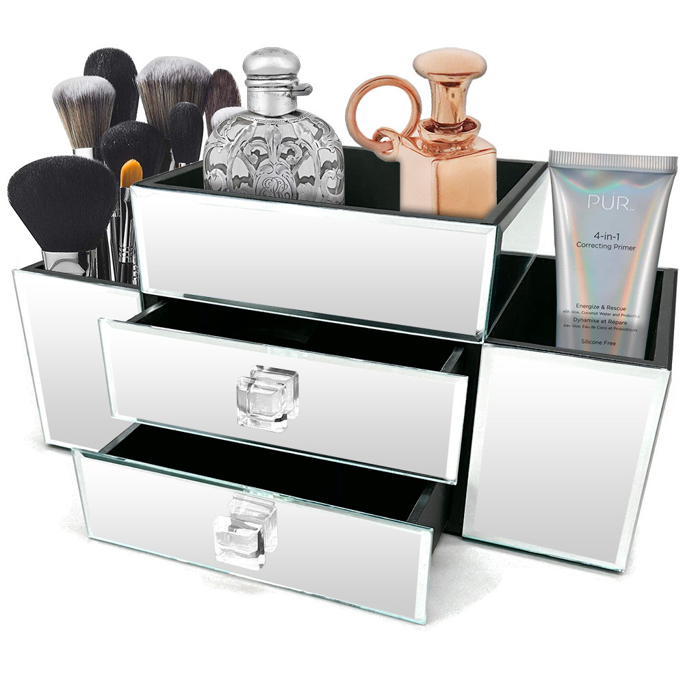 OnDisplay Emma 2 Drawer Tiered Mirrored Glass Makeup/Jewelry Organizer -  Mirror Beauty Station - Perfect for Vanity, Bathroom Counter, or Dresser -  Vandue