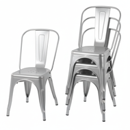 Cassandra Retro Industrial Stackable Metal Dining Chairs, Set of 4, Solid Steel Frame, Kitchen Bistro Cafe Seating (Silver)