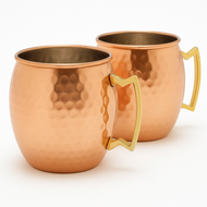 Handmade Hammered Copper Mule Mug with Nickel Lining – 16 oz Pure Copper Construction Exterior – Classic Barrel Shape with Brass Handle (Set of 2)
