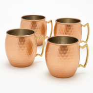 Handmade Hammered Copper Mule Mug with Nickel Lining – 16 oz Pure Copper Construction Exterior – Classic Barrel Shape with Brass Handle (Set of 4)