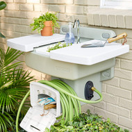 Modern Home Wall Mounted Outdoor Garden Sink w/Hose Holder - No Plumbing Required Mountable Outdoor Faucet (Beige)