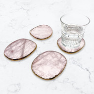 Modern Home Set of 4 Natural Rose Quartz Stone Coasters with Gold/Silver Edge - Hand Made Polished Stone Drink Mat Set