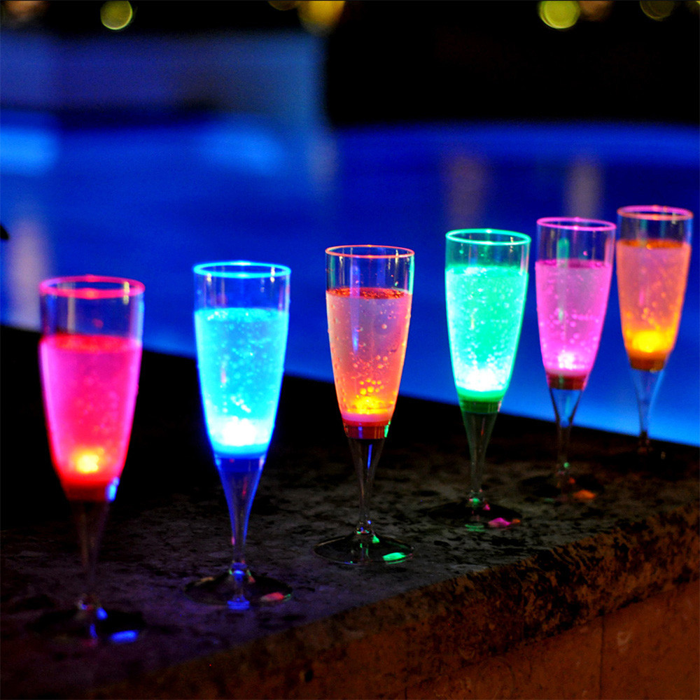 Modern Home Set of 6 Color LED Champagne Glasses - Glowing Liquid Activated Champagne  Flute Glass Set - Vandue