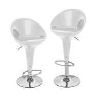 Set of 4 Beta Contemporary Bombo Style Adjustable Height Barstool - ABS Molded Bar Chair - Polished Chrome Steel Base with Floor Protecting Rubber Ring (Silver Spoon)