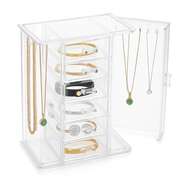 OnDisplay Clear Acrylic Jewelry Organizer with 6 Drawers and Necklace Hooks – Large Makeup & Accessory Storage Box for Vanity or Dresser
