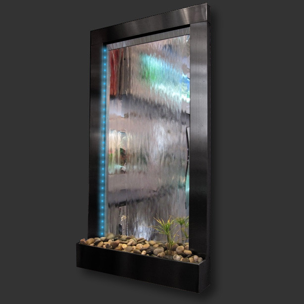 Modern Home Black Aluminum Wall Waterfall Fountain W Mirror Inset