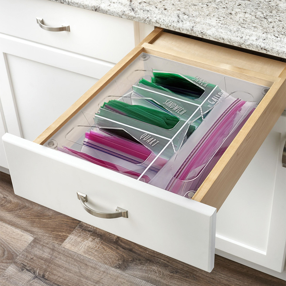 OnDisplay Luxe Acrylic Kitchen Drawer Zip Food Storage Bag Organizer - Food  Baggie Holder for Snack/Sandwich/Quart/Gallon Sizes - Compatible with Ziploc,  Hefty & Glad - Vandue