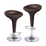 Set of 2 Alpha Faux Leather Contemporary Bombo Style Adjustable Height Barstools - Polished Chrome Steel Base with Floor Protecting Rubber Ring (Coffee Baseball Stitch)