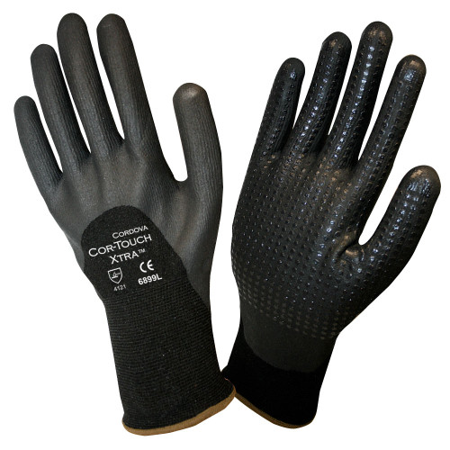 Cordova COR-TOUCH XTRA Nitrile Coated Machine Knit Gloves, 13-Gauge, 3/4 Coating, Black Nitrile Dots (Dozen)