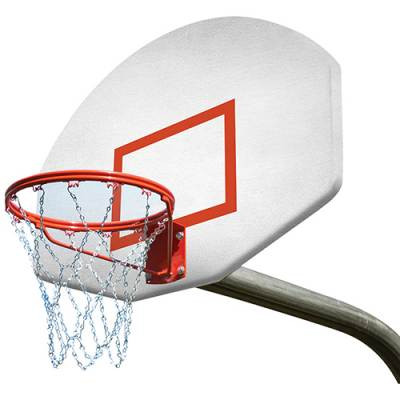 4' extension gooseneck basketball goal system with double rim and chain net.