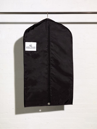 Picture of a heavy duty black suit cover bag with shirt accessory pocket and side gusset
