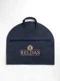 Picture of a Navy Handled suit cover bag with logo printed on
