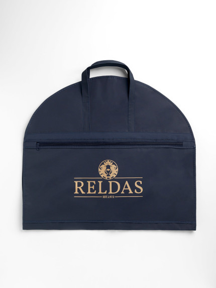 Picture of a Navy Handled suit cover bag with logo printed on