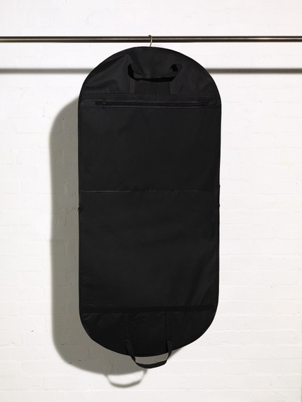 Picture of a black handled coat dress garment cover with accessory pocket