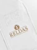 Picture of a white wedding dress cover with logo printed in gold