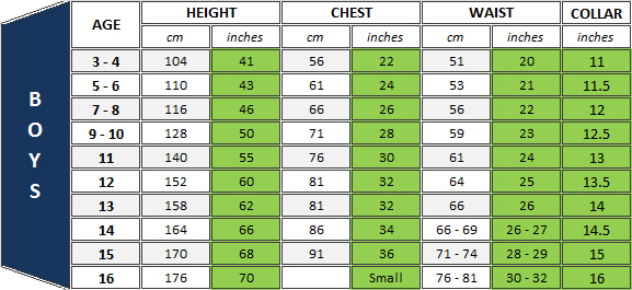 Scout Uniform Size Chart