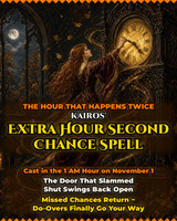 <p>What if you could have one hour of your life back? This Sunday, time itself gives one back.</p>
<p>At 2:00 AM Eastern on Sunday, November 1, 2026, Daylight Saving Time ends and the clocks fall back to 1:00 AM. The 1 o'clock hour happens twice. It is a single repeated hour that exists only once a year, a true crack in time, and it falls just after Halloween night while the veil is still thin.</p>
<p>The sky that night is made for second chances. Just after midnight Eastern, the waning Moon leaves Cancer and enters bold Leo, where Mars and Jupiter are already waiting. That puts courage, luck and a fresh start right beside the Moon. Mercury is retrograde in Scorpio until November 13. Mercury retrograde is famous for bringing back the past: old people, old opportunities and unfinished business. Venus is retrograde in Libra, turning love and relationships back toward the ones that got away. The Moon reaches its last quarter later that Sunday afternoon, a turning point for letting the old outcome go so a new one can take its place.</p>
<p>The ancient Greeks had two words for time. Chronos was ordinary clock time, ticking forward and never coming back. Kairos was the opportune moment, the perfect opening when everything can change. Kairos was shown as a swift young god with a single lock of hair at the front of his head and none at the back. You had to grab him as he came toward you, because once he passed, there was nothing to hold on to. In the repeated hour, Chronos stops counting forward and steps back, and Kairos comes around a second time. I will catch him by that lock of hair for you.</p>
<p><strong>Very effective for:</strong></p>
<ul>
<li>The job interview you bombed or the job offer that went to someone else</li>
<li>The house or apartment you were outbid on</li>
<li>The text, call or apology you never sent</li>
<li>A friendship that slowly drifted apart</li>
<li>An estranged parent, sibling or adult child</li>
<li>A reunion with an old flame or the one that got away</li>
<li>A second date after a first date that fell flat</li>
<li>A first impression that went wrong with a boss, in-law or new partner</li>
<li>A business that failed and is ready to rise again</li>
<li>A test, exam, bar exam or license retake</li>
<li>A court ruling, appeal, custody hearing or case being reopened</li>
<li>A credit, mortgage or loan denial you are reapplying for</li>
<li>A scholarship, school or program that turned you down</li>
<li>A sports tryout, audition or competition you want another shot at</li>
<li>A creative project, book or dream you abandoned</li>
<li>A pet that ran off and has not come home</li>
<li>A sobriety restart or a fresh start on a health goal</li>
<li>A promotion, raise or client that slipped through your fingers</li>
<li>A once-in-a-lifetime opportunity you let pass by</li>
<li>Words said in anger that you wish you could take back</li>
</ul>
<p>Unchecked, a missed chance becomes a regret you carry for years, and you replay the same moment again and again.</p>
<p><strong>The Unexpected Power of the Extra Hour</strong></p>
<p>People often notice:</p>
<ul>
<li>An unexpected message from the person they thought was gone</li>
<li>A door reopening: a callback, a reconsideration or a second offer</li>
<li>Perfect timing, being in the right place at the right moment</li>
<li>The confidence to try again without the weight of the past</li>
<li>Forgiveness softening hearts on both sides</li>
<li>Second attempts going smoother than the first</li>
</ul>
<p><strong>Needed:</strong></p>
<ul>
<li>Your full name, birth date and photo if available</li>
<li>The chance, person or moment you want back, with a short description of what happened</li>
<li>Names and photos of anyone involved, if available</li>
</ul>
<p>Your spell photo is emailed to you once your casting is complete.</p>
<p>This hour comes only once a year, and it will not wait. Order by Saturday, October 31 at 11:59 PM Eastern to have your second chance cast in the hour that happens twice!</p>