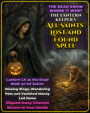 <p>Something you lost is still out there. The dead can see where it is.</p>
<p>At 12:18 AM Eastern on Sunday, November 1, the waning Moon leaves Cancer and enters proud, fiery Leo, joining Mars and Jupiter, who are both already in Leo. Courage, boldness, luck and the power to be seen gather together in one sign. The Sun is in Scorpio, Mercury is retrograde in Scorpio, and at 3:28 PM Eastern the Moon reaches its last quarter, a decisive turning point that clears the old to make room for the new. This is All Saints' Day, the first day after Samhain, when the veil is still drawn thin.</p>
<p>Long before pumpkins, Irish and Scottish families carved turnips and lit them as lanterns at Samhain. The lanterns were said to guide friendly spirits home and to let the Lantern Keepers, the watchful dead who walk the dark roads, see their way. Spirits see what the living cannot, including every lost thing tucked under a cushion, wandering down a road or forgotten in a drawer. On All Saints' night, while the veil is still thin, I light the old turnip lantern and ask them to lead what is yours back home.</p>
<p><strong>Very effective for:</strong></p>
<ul>
<li>A lost wedding ring, heirloom or piece of jewelry</li>
<li>Keys, wallets, phones and important papers</li>
<li>A pet that wandered off</li>
<li>Money you are owed that vanished, such as a deposit or a missing check</li>
<li>A lost password, file or account you cannot recover</li>
<li>A job lead or opportunity that slipped away</li>
<li>A lost contact, such as an old friend's phone number or address</li>
<li>Items lost in a move or by an airline</li>
<li>Things a deceased relative hid</li>
<li>Your own lost motivation or sense of direction</li>
</ul>
<p>Unchecked, what is lost stays lost, and you keep searching the same places over and over.</p>
<p><strong>The Unexpected Power of the Lantern Keeper</strong></p>
<p>The results often show up as:</p>
<ul>
<li>Finding something while looking for something else</li>
<li>A sudden memory of where you put it</li>
<li>Strangers returning lost items</li>
<li>Money turning up in old accounts or envelopes</li>
<li>A pet found nearby or seen by a neighbor</li>
<li>Opportunities circling back</li>
</ul>
<p><strong>Items Used in Your Casting:</strong></p>
<ul>
<li><strong>Carved turnip lantern</strong> ~ The original Samhain lantern, lit so the Lantern Keepers can see the path to your lost thing</li>
<li><strong>Brass pendulum</strong> ~ Swung over a map or floor plan to find where the lost thing lies</li>
<li><strong>Map or floor plan</strong> ~ Drawn for your home or area so the pendulum can point the way</li>
<li><strong>Red thread</strong> ~ Tied around your name to pull the lost thing back to you</li>
<li><strong>Bay leaf</strong> ~ Written with what was lost and burned to send the request</li>
<li><strong>Mugwort</strong> ~ Opens the inner sight for finding and seeing</li>
<li><strong>Small bell</strong> ~ Rung to call the lost thing home</li>
</ul>
<p><strong>Needed:</strong></p>
<ul>
<li>Your full name, birth date and photo if available</li>
<li>What was lost, when and where it was last seen</li>
<li>A photo of the item or pet if available</li>
</ul>
<p>Your spell photo is emailed to you once your casting is complete.</p>
<p>Order by Sunday, November 1 at 6:00 PM Eastern so your lantern is lit on All Saints' night!</p>