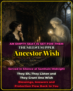 <p>One chair at my table this Samhain will be set for someone you love who has passed on. They are coming to dinner, and they are bringing a gift.</p>
<p>On Saturday, October 31, the Sun burns in Scorpio, the sign of death, rebirth and hidden power. The waning Moon moves through Cancer, ruler of home, family and the deepest feelings, and in the early evening Eastern time it goes void of course, slipping loose from the ordinary rules until just after midnight. Mercury is retrograde in Scorpio until November 13, pulling buried secrets and old business back to the surface, and Venus is retrograde in Libra, reopening every question of love, fairness and what is owed. This is Samhain, the Witches' New Year, when the veil between the living and the dead is at its thinnest.</p>
<p>The Silent Supper is one of the oldest and most haunting Samhain customs. On the night the veil thins, a meal is laid out in total silence. Places are set for the living, and one place is set for the dead, with a chair left empty for the guest no one can see. No word is spoken from the first candle to the last crumb, because silence is the language the dead understand best. Old tradition says that a spirit honored at this table does not leave empty-handed. They leave behind a blessing, and sometimes they grant the wish of the one who invited them.</p>
<p><strong>Very effective for:</strong></p>
<ul>
<li>A wish you have carried quietly for years and never said out loud</li>
<li>Wanting a parent's or grandparent's blessing on a marriage, a move or a new baby</li>
<li>A wish for a loved one's health or recovery</li>
<li>Unspoken goodbyes and the feeling that something was left unfinished</li>
<li>A family recipe, business or tradition you want to succeed in their honor</li>
<li>Needing courage for a decision they would have helped you make</li>
<li>A wish for a home, a pregnancy or a new job</li>
<li>Feeling unprotected since they passed</li>
<li>Wanting a sign that they approve of the life you are building</li>
<li>A wish for a peaceful family holiday season after a loss</li>
</ul>
<p>Unchecked, the wish you never speak stays locked in your heart, and the blessing waiting for you on the other side is never claimed.</p>
<p><strong>The Unexpected Power of the Silent Supper</strong></p>
<p>The results often show up as:</p>
<ul>
<li>A wish beginning to unfold in surprising ways</li>
<li>The feeling of a loved one standing behind you</li>
<li>Dreams in which they come and speak</li>
<li>Warm coincidences, such as their favorite song or flower appearing</li>
<li>Family tension softening</li>
<li>A calm, protected feeling in your home</li>
</ul>
<p><strong>Needed:</strong></p>
<ul>
<li>Your full name, birth date and photo if available</li>
<li>The name of your departed loved one and their relationship to you</li>
<li>A photo of them if available</li>
<li>The wish or blessing you are asking for</li>
</ul>
<p>Your spell photo is emailed to you once your casting is complete.</p>
<p>Order by Saturday, October 31 at 9:00 PM Eastern for a seat at the Samhain table!</p>