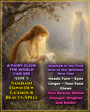 <p>Your beauty is about to be washed in fairy dew, the way it was done in the old days.</p>
<p>At 12:18 AM Eastern on Sunday, November 1, the waning Moon leaves Cancer and enters proud, fiery Leo, joining Mars and Jupiter, who are both already in Leo. Courage, boldness, luck and the power to be seen gather together in one sign. The Sun is in Scorpio, Mercury is retrograde in Scorpio, and at 3:28 PM Eastern the Moon reaches its last quarter, a decisive turning point that clears the old to make room for the new. This is All Saints' Day, the first day after Samhain, when the veil is still drawn thin.</p>
<p>In Ireland and Britain, girls rose before sunrise on the great festival mornings to wash their faces in the dew, believing it gave lasting beauty and an irresistible glow. Dew gathered from the hawthorn, the fairy tree, was the most powerful of all. Aine, the radiant Irish goddess of summer, sovereignty and love, was said to walk the fields on these mornings. She was so lovely that kings fell under her spell, and she gave her glamour to the women who honored her. On the first dawn after Samhain, with the Moon newly in glamorous Leo, I gather that dew for you.</p>
<p><strong>Very effective for:</strong></p>
<ul>
<li>Feeling invisible in your own life</li>
<li>Getting back out there after a breakup or divorce</li>
<li>Wanting to look rested, younger and glowing</li>
<li>Weddings, reunions, photos and holiday parties</li>
<li>Dating profiles, auditions and modeling</li>
<li>Confidence after childbirth, illness or weight changes</li>
<li>Skin troubles and dullness that steal your shine</li>
<li>Wanting a partner to look at you like the first time again</li>
<li>Customer-facing work, sales and social media</li>
<li>Aging gracefully and feeling magnetic at any age</li>
</ul>
<p>Unchecked, you keep hiding your light and dimming your beauty while others walk past without seeing you.</p>
<p><strong>The Unexpected Power of Aine's Dew Glamour</strong></p>
<p>The results often show up as:</p>
<ul>
<li>Compliments from strangers</li>
<li>A visible glow and brighter eyes</li>
<li>People becoming drawn to you</li>
<li>A new confidence in the mirror and in photos</li>
<li>Old flames and admirers reaching out</li>
<li>Feeling beautiful from the inside out</li>
</ul>
<p><strong>Needed:</strong></p>
<ul>
<li>Your full name, birth date and photo if available</li>
<li>What you want to see and feel in your beauty</li>
</ul>
<p>Your spell photo is emailed to you once your casting is complete.</p>
<p>Order by Saturday, October 31 at 11:59 PM Eastern for the first dawn of the Witches' New Year!</p>