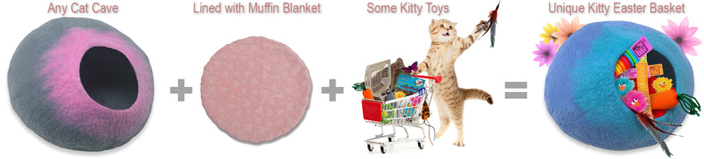 Any Cat Cave lined with a Muffin Blanket, sprinkled with Kitty Toys, makes a unique Kitty Easter Basket.