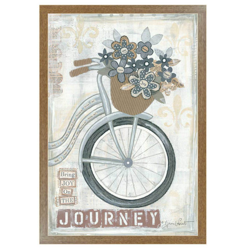 ALP1165-426 BRN "Journey " is a 12" x 18" art print framed in a 426 Brown frame of the art of American artist,  Annie LaPoint. The art shows decorative elements including flowers in a basket, a vintage bicycle, musical notepaper, and the saying ‘Bring Joy on the Journey’ in natural vintage colors. The print has an archival, protective, textured finish so no glass is needed, and is ready to hang. Made in the USA by skilled American workers. Thank you for your support.