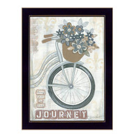 ALP1165-712 BLK "Journey" is a 12" x 18" art print framed in a 712 Black frame of the art of American artist, Annie LaPoint. The art shows decorative elements including flowers in a basket, a vintage bicycle, musical notepaper, and the saying ‘Bring Joy on the Journey’ in natural vintage colors. The print has an archival, protective, textured finish so no glass is needed, and is ready to hang. Made in the USA by skilled American workers. Thank you for your support.