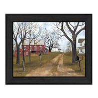 BJ1089-405 BLK "The Old Dirt Road" is a 16" x 12" art print framed in a Colonial 405 Black frame of the art of American artist,  Billy Jacobs. The art shows a rustic setting of an old mailbox, a dirt road going up to a beautiful red barn, white country houses with trees and birds. The print has an archival, protective, textured finish so no glass is needed, and is ready to hang. Made in the USA by skilled American workers. Thank you for your support.