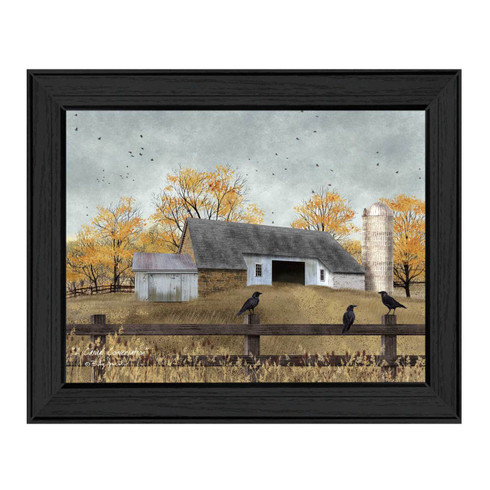 BJ1095-405 BLK "A Casual Conversation" is a 16" x 12" art print framed in a Colonial 405 Black frame of the art of American artist,  Billy Jacobs. The art shows a rustic setting of an old stone and wood barn, a silo, fences, trees and birds. The print has an archival, protective, textured finish so no glass is needed, and is ready to hang. Made in the USA by skilled American workers. Thank you for your support.