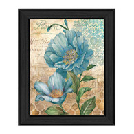 ED304-405 BLK "Paris Blue I" is a 12"x16" print framed in a Colonial 405 Black frame.  This artwork features a beautiful painting of blue flowers with a decorative background in beautiful subtle colors by artist Ed Wargo.  The print has an archival, protective, textured finish so no glass is needed, and is ready to hang. Made in the USA by skilled American workers.