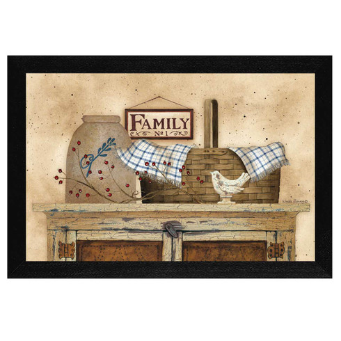 LS1543-276 BLK "Family Still life" is a 20"x14"print framed in a 276 Black frame.  This artwork by artist Linda Spivey. features a rustic pie safe with a top shelf full of beautiful primitive style keepsakes including a pie bird, woven basket, crock, rosehip berries, blue gingham napkin and sign that says “Family No 1”.  The print has an archival, protective, textured finish so no glass is needed, and is ready to hang. Made in the USA by skilled American workers. Thank you for your support.