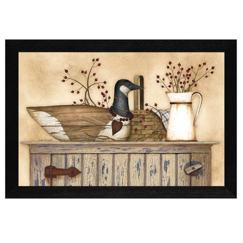 LS1547-276 BLK "Duck and Berry Still life" is a 20"x14"print framed in a 276 Black frame.  This artwork by artist Linda Spivey. features a rustic hutch with a top shelf full of beautiful primitive style keepsakes including wooden goose carving, woven basket, pitcher, rosehip berries, and a blue gingham napkin. The print has an archival, protective, textured finish so no glass is needed, and is ready to hang. Made in the USA by skilled American workers. Thank you for your support.