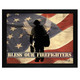 MA191-276 BLK "Bless our Firefighters" is a 16"x12" print framed in a 276 Black frame.  This artwork by artist Marla Rae.  features a design of an American flag with a silhouette of a firefighter and the text “Bless Our Firefighters”. The print has an archival, protective, textured finish so no glass is needed, and is ready to hang. Made in the USA by skilled American workers. Thank you for your support.
