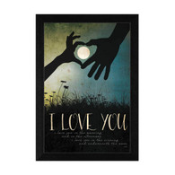 MA1084-276 BLK  “I Love You Underneath the Moon” is a framed art print of the art by American artist, Marla Rae. It is one of our popular 14"x20"prints and is framed in our 276 Black Frame style. It shows the silhouetted hands of two people joined to make a heart shape with a luminous moon at the center and a silhouetted meadow in the background with the script “I love you in the morning and in the afternoon and I love you in the evening and underneath the moon.” It is a totally American-made product, and has an archival, textured protective finish so no glass is needed and comes ready to hang.