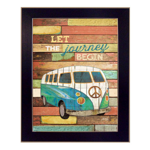 MA1101-712 BLK "Let the Journey Begin" is a 12”x16” art print framed in a 712 Black frame. Artist Marla Rae designed an interesting textured design with a vintage Volkswagen bus and a peace sign on the front with typography "Let the Journey Begin." The framed art print has a protective textured, archival finish, so no glass is needed, and comes ready to hang. Made in the USA with pride!