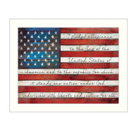 MA1126-712 WHT "Pledge of Allegiance" is a 26"x20" print framed in a 712 White frame.  This artwork by artist Marla Rae features a rustic design of an American flag with the text of the pledge of allegiance scripted on it. The print has an archival, protective, textured finish so no glass is needed, and is ready to hang. Made in the USA by skilled American workers.