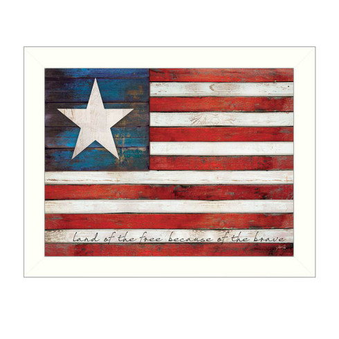 MA1127-712 WHT "Land of the Free" is a 26"x20" print framed in a 712 White frame.  This artwork by artist Marla Rae features a rustic design like an American flag with the text “Land of the free because of the brave.” The print has an archival, protective, textured finish so no glass is needed, and is ready to hang. Made in the USA by skilled American workers.