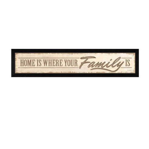 RAD1041-712 BLK “Home Is” is a 36”x6” print framed in 712Black of the art of Lauren Rader. It has the script “Home is where your Family Is” in natural colors. The print has an archival, protective, textured finish so no glass is needed, and is ready to hang.