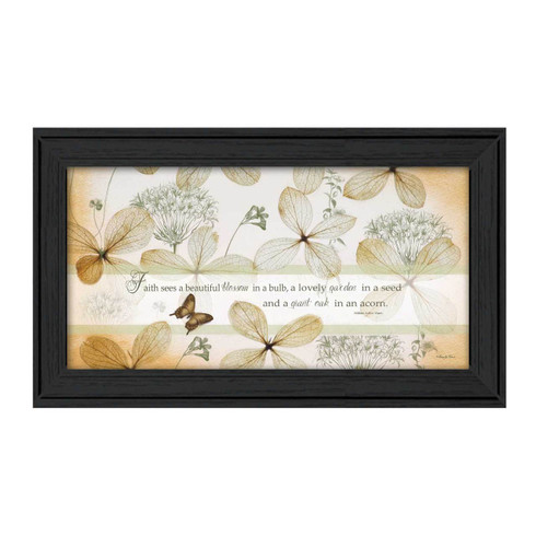 RLV317-405 BLK “Faith Sees” is a 18”x9” art print framed in Colonial 405 Black of the art of Robin-Lee Vieira. It is a beautiful decorative artwork of butterflies and flowers with script about “Faith sees a beautiful blossom in a bulb, a lovely garden in a seed, and a giant oak in an acorn” The print has an archival, protective, textured finish so no glass is needed, and is ready to hang. Made with pride in the USA by skilled American workers.