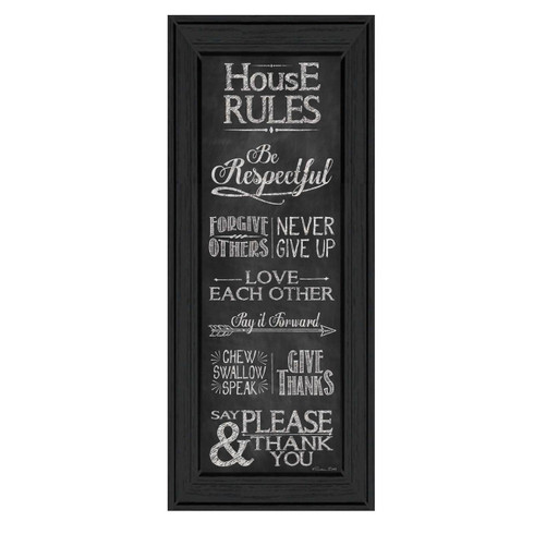 SB232-405 BLK “House Rules” is a 12”x36” art print framed in Colonial 405 Black of the typography art of Susan Ball about house rules. The print has an archival, protective, textured finish so no glass is needed, and is ready to hang. Made with pride in the USA by skilled American workers.