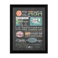 TLC353-276 BLK "Reminders from Mom" is a 12"x16" print framed in 276 Black of the art of American artist Tonya Crawford. This art has typography on a chalkboard style background about things a good mother might teach. The print has an archival, protective, textured finish so no glass is needed, and is ready to hang. Made with pride in the USA by skilled American workers.