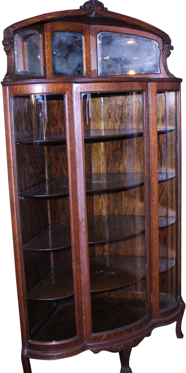 18294 Victorian Oak Triple Curved Glass Corner China Closet
