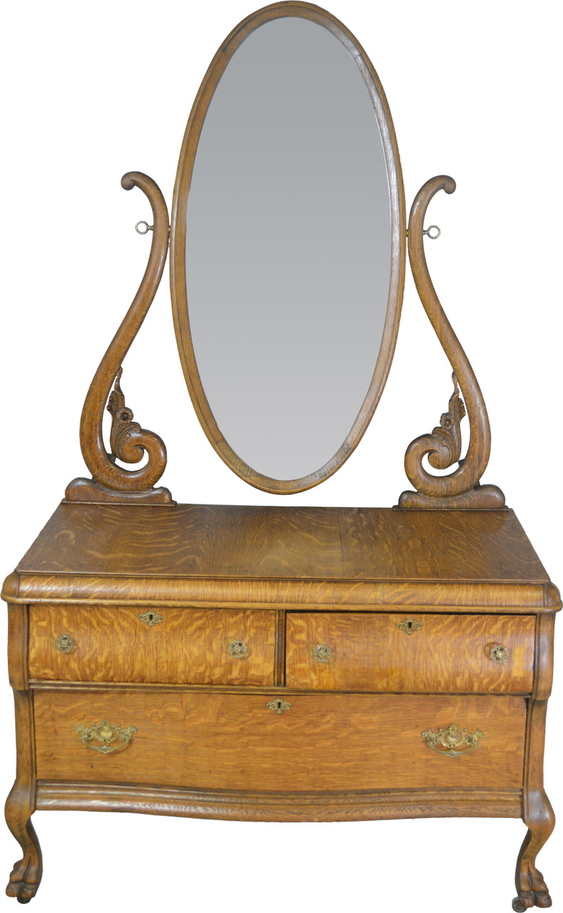 Sold Oak Bevel Mirror Carved Princess Dresser Claw Feet Maine Antique Furniture
