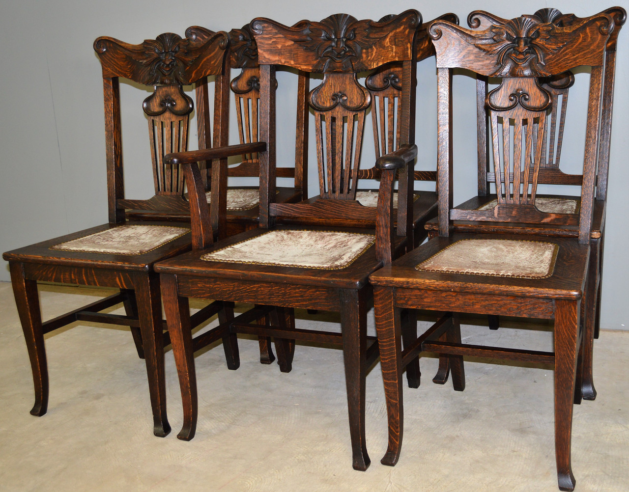 Sold Set Of 6 Oak Unusual Carved Face Dining Chairs Maine