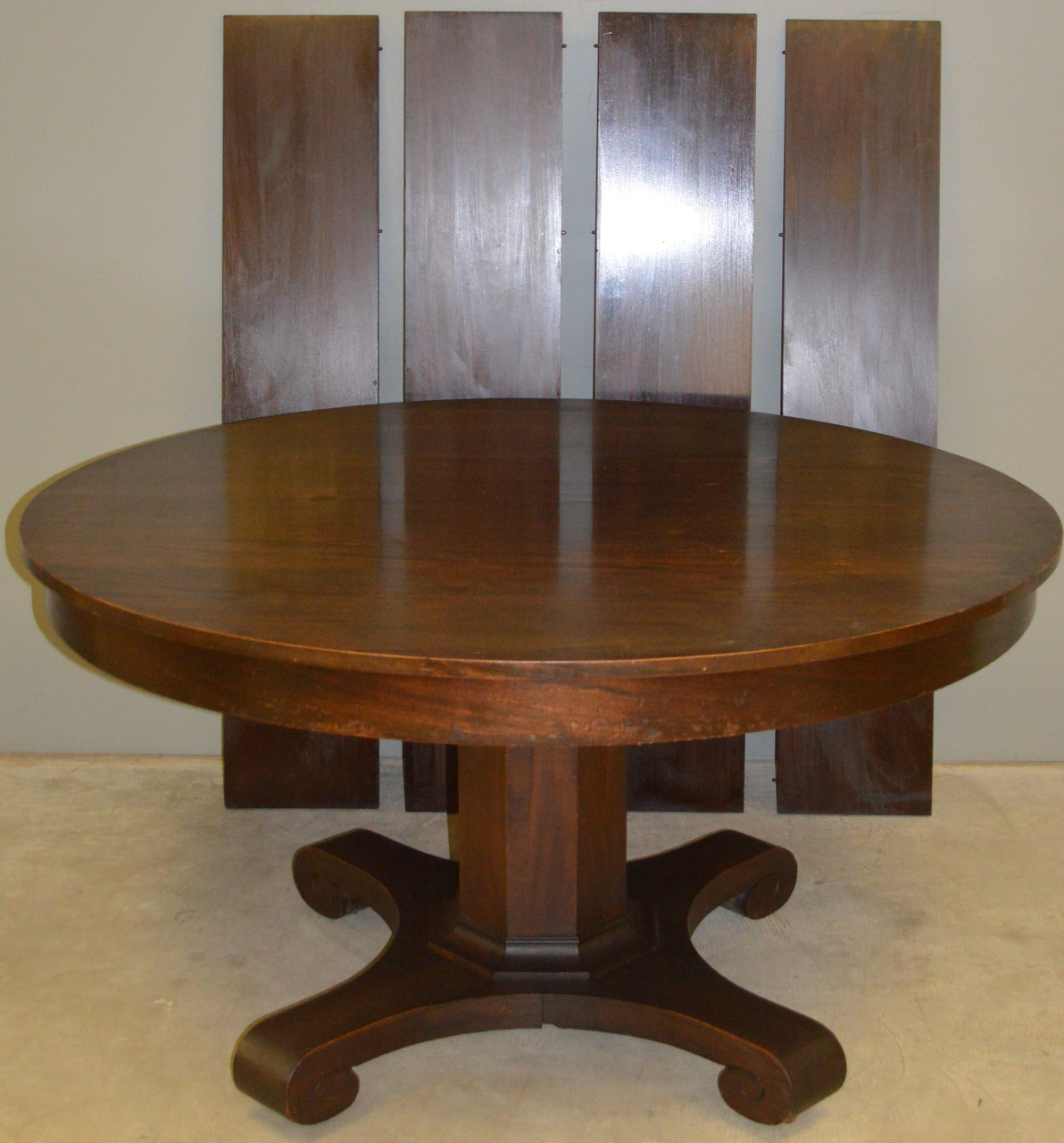 Sold Mahogany Empire 54 Inch Round Dining Table With 4 Factory Leaves In Crate Maine Antique Furniture