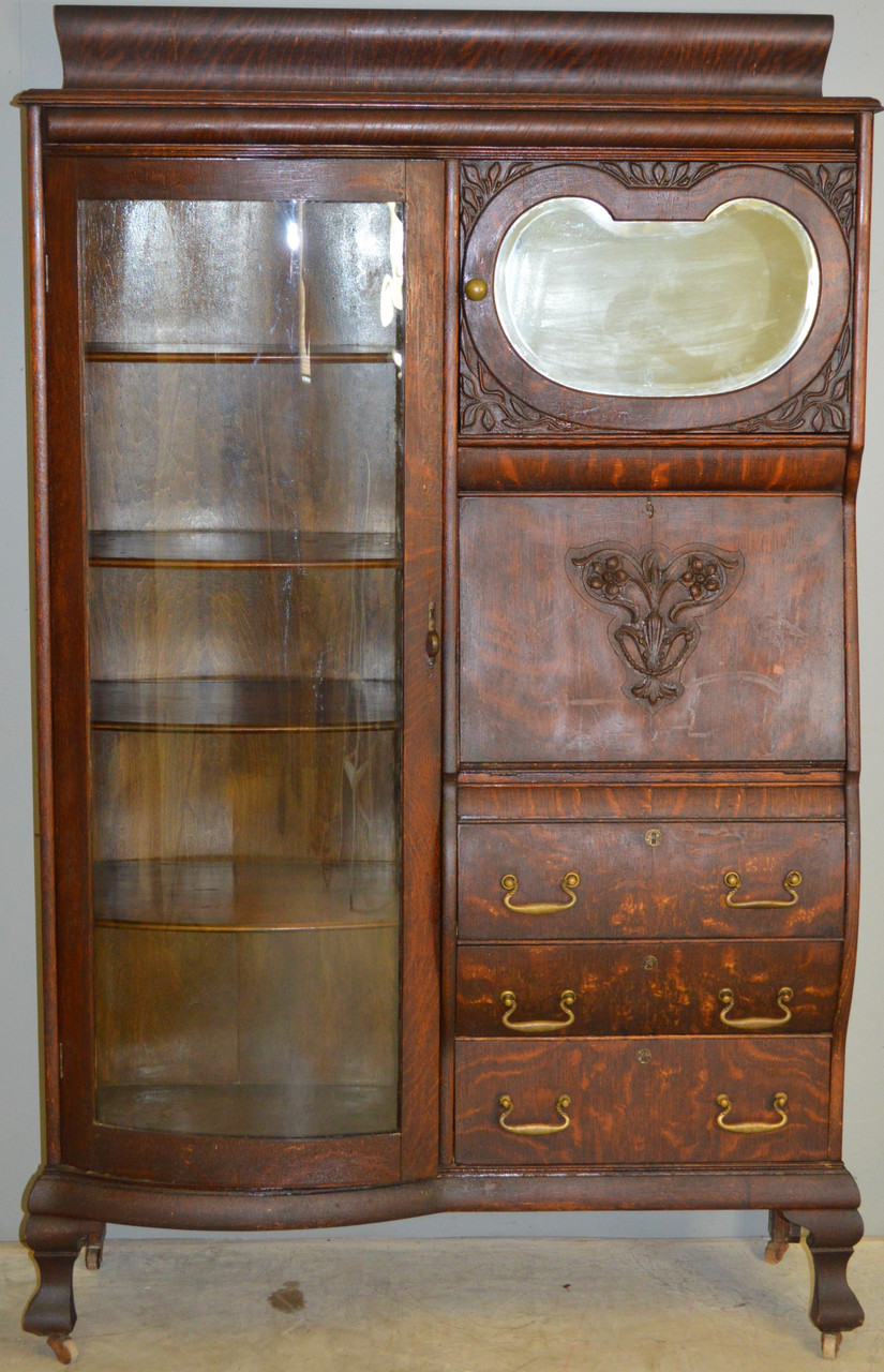 17891 Victorian Oak Curved Glass Side By Side Secretary Desk