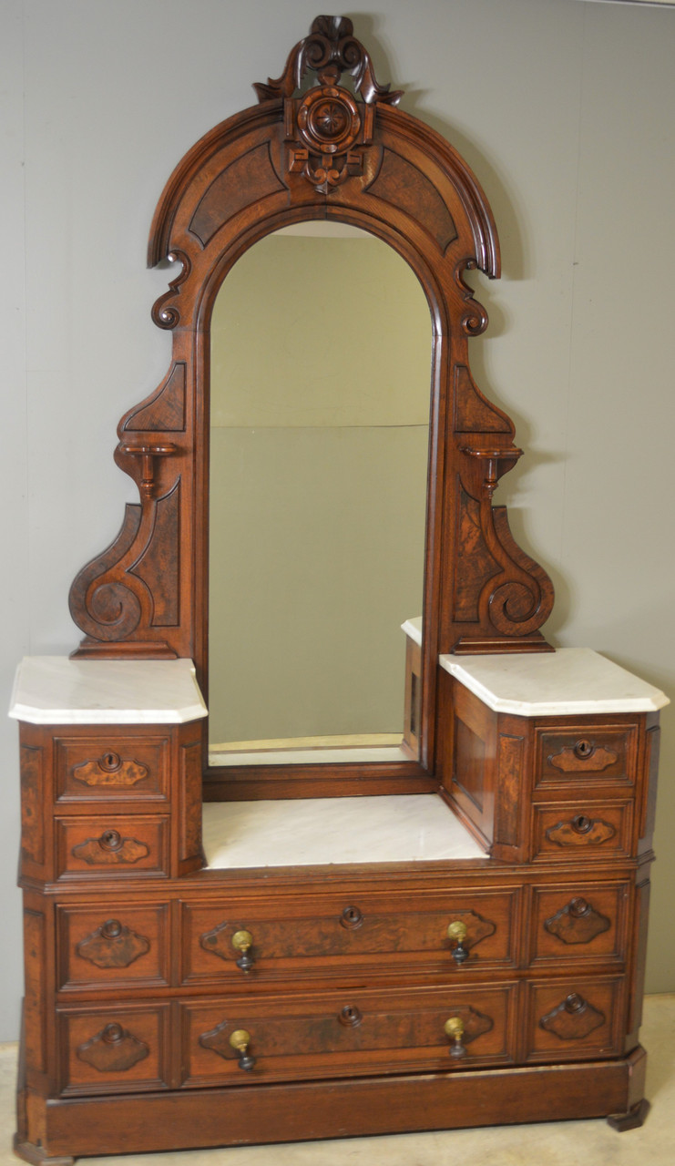 17901 Victorian Burl Walnut Marble Top Ladies Dresser Maine