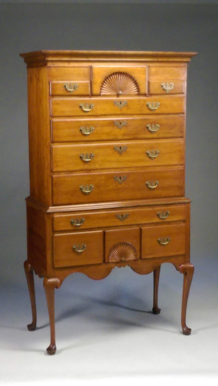 19838 Period Queen Anne Chest on Chest Highboy with Fan Carvings ...