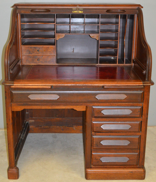 17948 Rare Walnut Raised Panel Roll Top Desk By Derby Maine