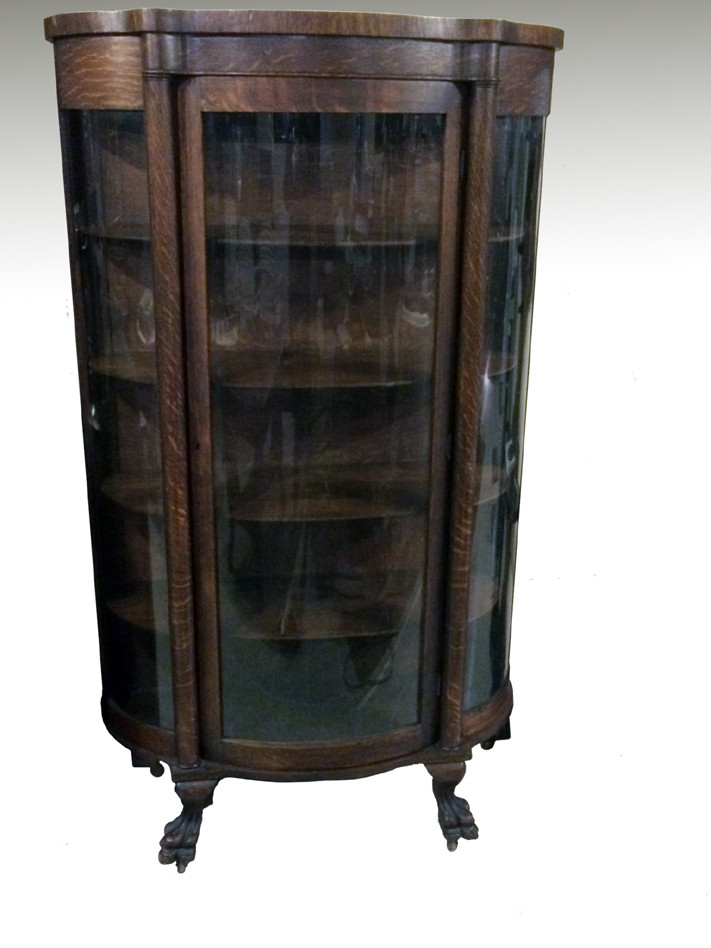 Sold Antique Oak Triple Curved Glass Claw Foot China Cabinet